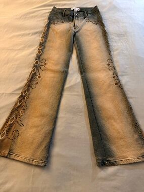 Embellished Two-Tone Flare Jeans in Beige and Olive Tan!